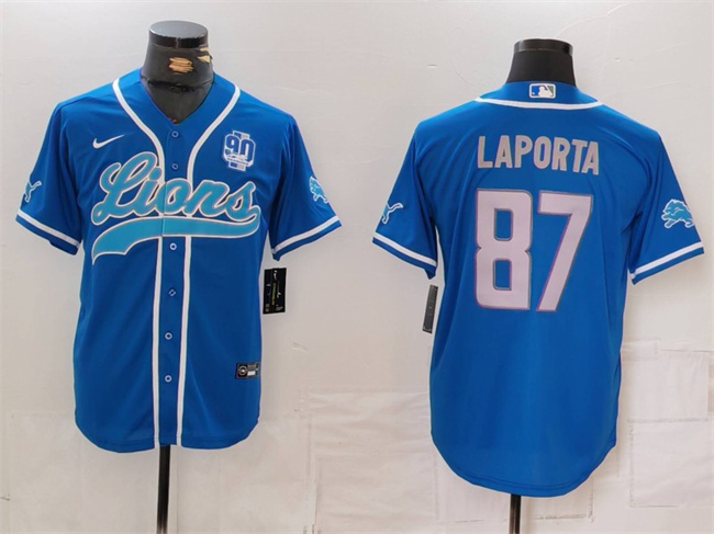 Men's Detroit Lions #87 Sam LaPorta Blue With 90th Anniversary Patch Cool Base Stitched Baseball Jersey